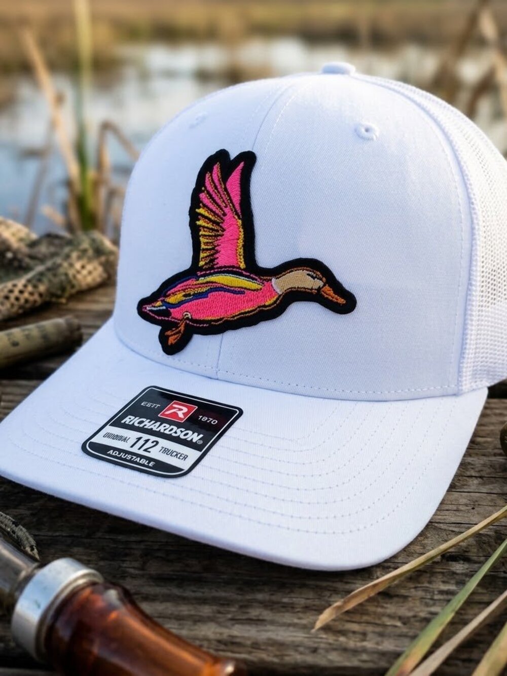 Neon Flying Mallard Duck Embroidered Patch White Richardson 112 Trucker Hat Fowl